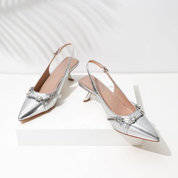 Mostrin Kitten Heel Silver Faux Leather Low Slingback Heels with Buckle - Picture 9 of 9